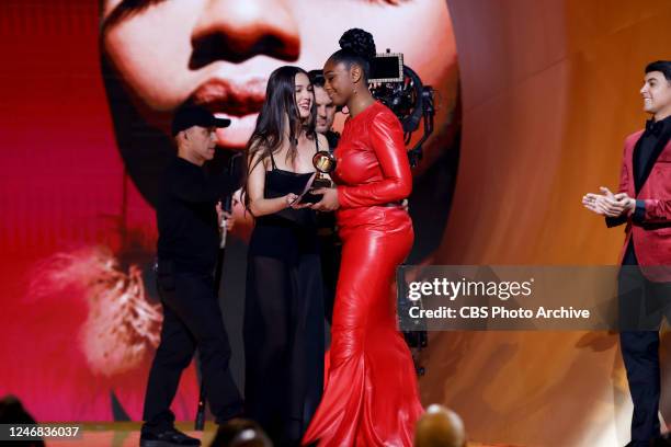 Olivia Rodrigo presents the award for Best New Artist to Samara Joy at THE 65TH ANNUAL GRAMMY AWARDS, broadcasting live Sunday, February 5, 2023 on...