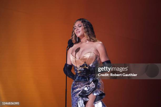 Beyonce accepts the Best Dance/Electronic Music Album award for Renaissance onstage during the 65th GRAMMY Awards at Crypto.com Arena on February 05,...