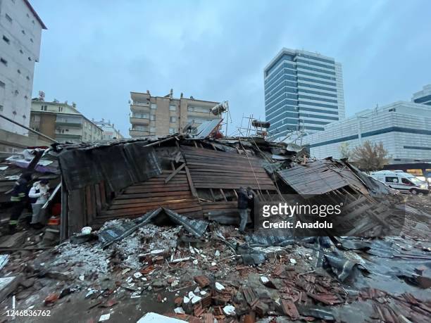 View of destroyed building after a 7.4 magnitude earthquake hit southern provinces of Turkiye, in Gaziantep, Turkiye on February 6, 2023. The 7.4...