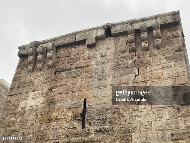 View of damaged historical Gaziantep Castle after a 7.4 magnitude earthquake hit southern provinces of Turkiye, in Gaziantep, Turkiye on February 6,...