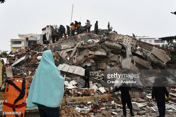 View of debris as search and rescue works continue after a 7.4 magnitude earthquake hit southern provinces of Turkiye, in Kahramanmaras, Turkiye on...
