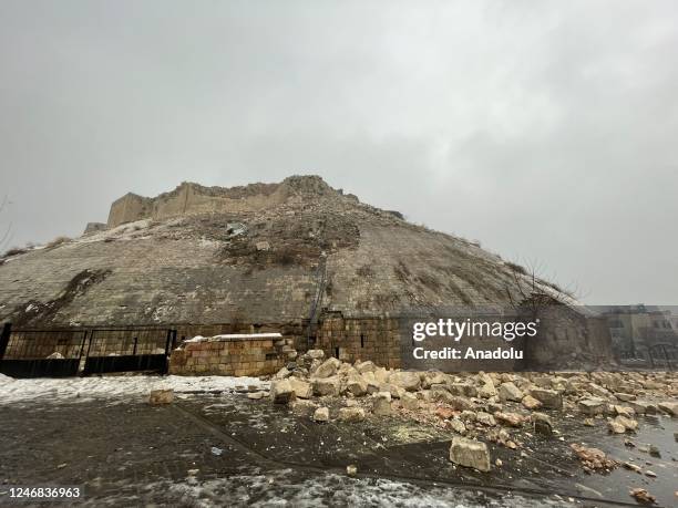 View of damaged historical Gaziantep Castle after a 7.4 magnitude earthquake hit southern provinces of Turkiye, in Gaziantep, Turkiye on February 6,...