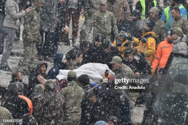 Person is rescued from the wreckage of a building during search and rescue efforts after a 7.4 magnitude earthquake hit southern provinces of...