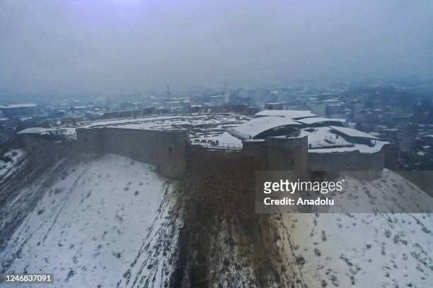 An aerial view of damaged historical Gaziantep Castle after a 7.4 magnitude earthquake hit southern provinces of Turkiye, in Gaziantep, Turkiye on...