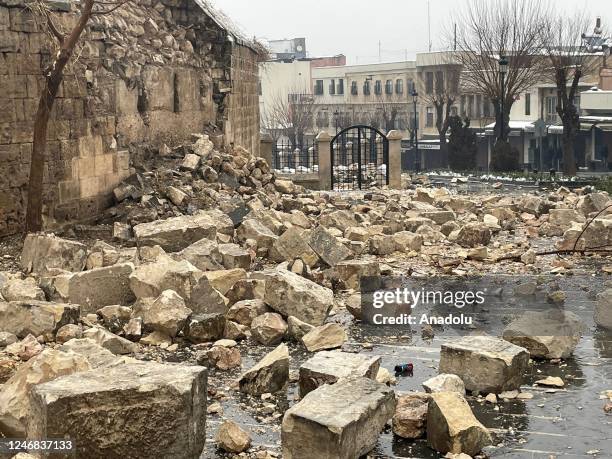 View of damaged historical Gaziantep Castle after a 7.4 magnitude earthquake hit southern provinces of Turkiye, in Gaziantep, Turkiye on February 6,...