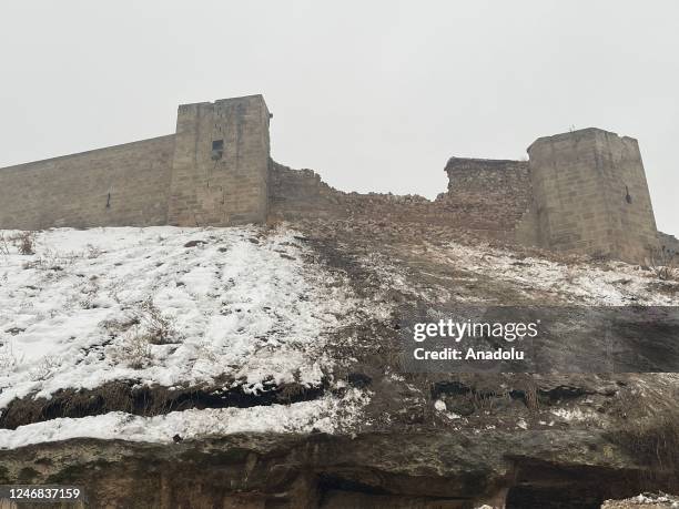 View of damaged historical Gaziantep Castle after a 7.4 magnitude earthquake hit southern provinces of Turkiye, in Gaziantep, Turkiye on February 6,...