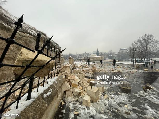 View of damaged historical Gaziantep Castle after a 7.4 magnitude earthquake hit southern provinces of Turkiye, in Gaziantep, Turkiye on February 6,...