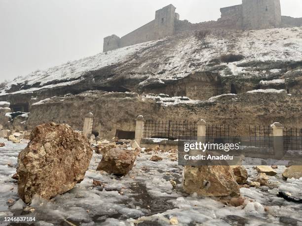 View of damaged historical Gaziantep Castle after a 7.4 magnitude earthquake hit southern provinces of Turkiye, in Gaziantep, Turkiye on February 6,...