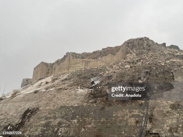 View of damaged historical Gaziantep Castle after a 7.4 magnitude earthquake hit southern provinces of Turkiye, in Gaziantep, Turkiye on February 6,...