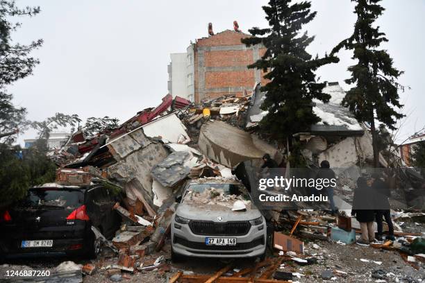 View of debris as search and rescue works continue after a 7.4 magnitude earthquake hit southern provinces of Turkiye, in Kahramanmaras, Turkiye on...