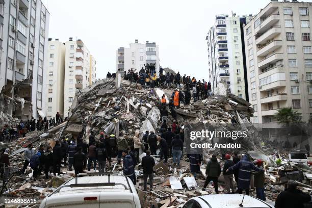 Search and rescue operation is being carried out at the debris of a building in Cukurova district of Adana after a 7.4 magnitude earthquake hit...