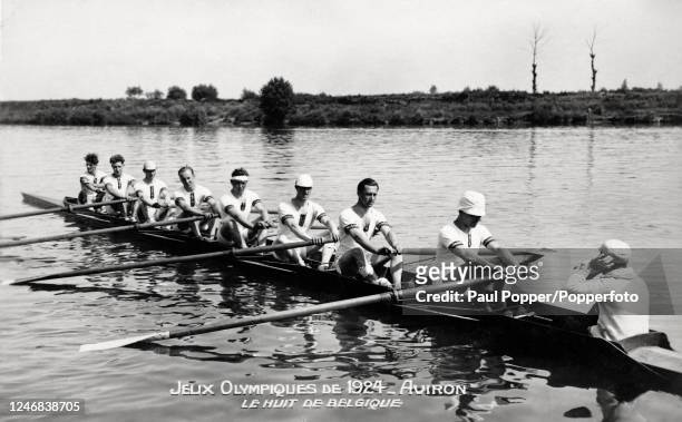 The coxed eight rowing team of Belgium during the Summer Olympic Games in Paris, France, circa July 1924. The team includes Arthur D'Anvers, Gerard...