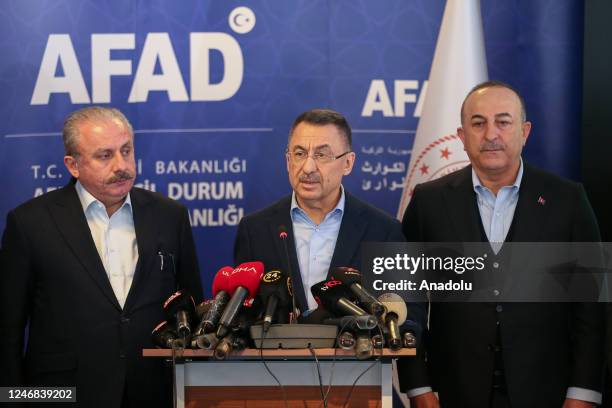 Turkish Vice President Fuat Oktay holds a press conference at the Disaster and Emergency Management Presidency in Ankara, Turkiye on February 06,...