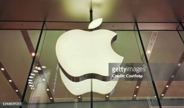 An iPhone logo in Shanghai, China, October 13, 2022. February 6, 2023 -- Apple reported a drop in revenue and profit for the first quarter of its...