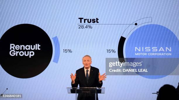 Renault chairperson Jean-Dominique Senard speaks during a press conference in London on February 6, 2023. The boards of French automaker Renault and...