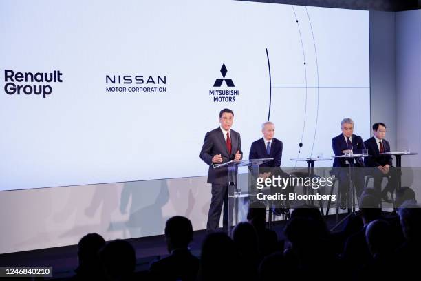 Makoto Uchida, chief executive officer of Nissan Motor Co., speaks during a news conference with Jean-Dominique Senard, chairman of Renault SA, Luca...