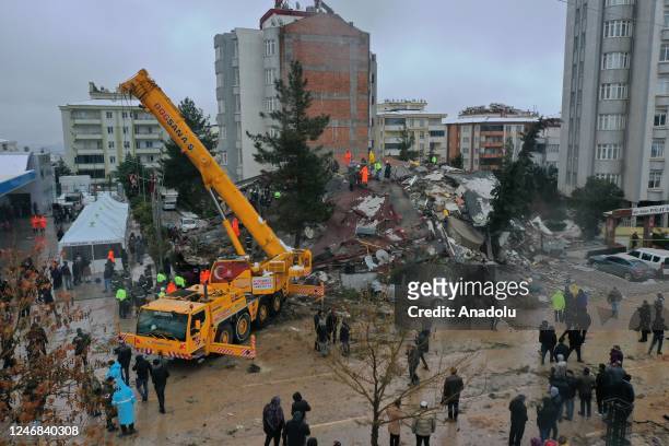An aerial view of debris as search and rescue efforts continue after 7.4 magnitude earthquake hits Diyarbakir, Turkiye on February 06, 2023. The 7.4...