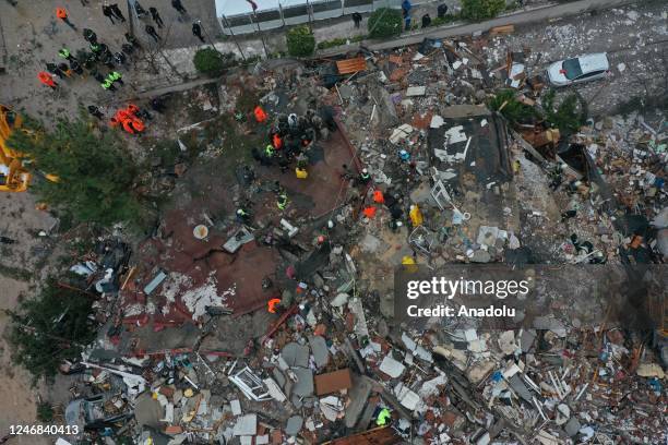 An aerial view of debris as search and rescue efforts continue after 7.4 magnitude earthquake hits Diyarbakir, Turkiye on February 06, 2023. The 7.4...