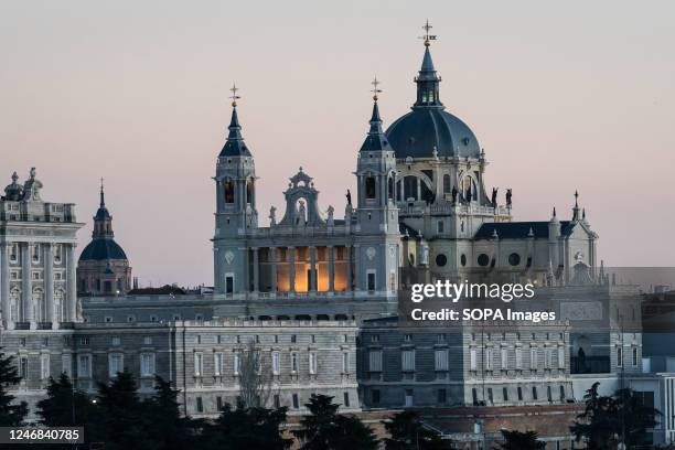 View of the Almudena Cathedral at sunset in Madrid.