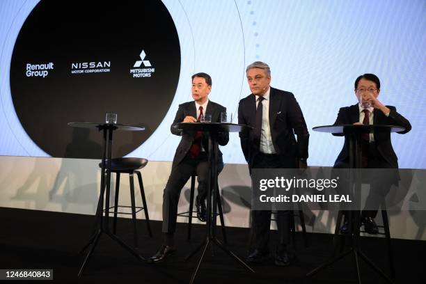 Nissan chief executive officer Makoto Uchida, Renault chief executive officer Luca de Meo and Mitsubishi Motors chief executive officer Takao Kato...