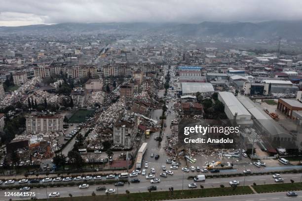 An aerial view of debris of a collapsed building after 7.7 magnitude earthquake hits Hatay, Turkiye on February 06, 2023. Disaster and Emergency...