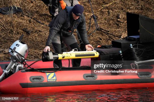 Search team members load sonar equipment aboard a RIB boat on February 6, 2023 in St Michael's on Wyre, England. An independent underwater rescue...