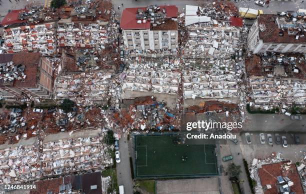 An aerial view of debris of a collapsed building after 7.7 magnitude earthquake hits Hatay, Turkiye on February 06, 2023. Disaster and Emergency...