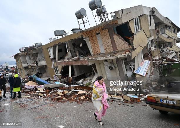 View of demolished building after 7.7 magnitude earthquake hits Hatay, Turkiye on February 06, 2023. Disaster and Emergency Management Authority of...