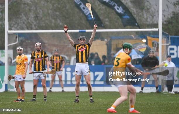 Belfast , United Kingdom - 4 February 2023; David Blanchfield of Kilkenny defends a free from Conal Cunning of Antrim during the Allianz Hurling...