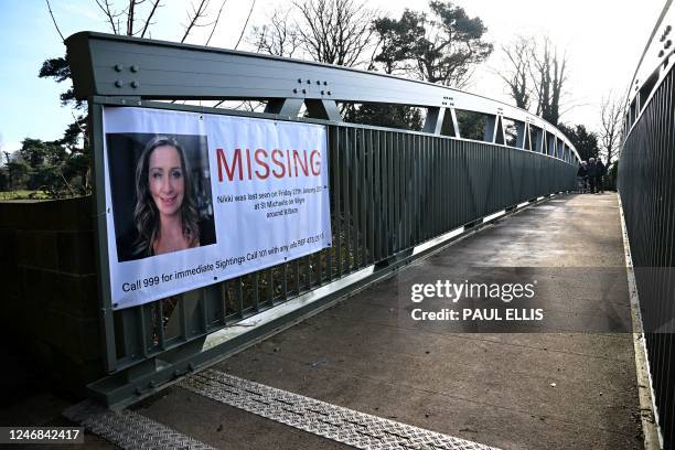 Banner asking for information on missing Nicola 'Nikki' Bulley is pictured on a bridge in St Michael's on Wyre, near Preston, north west England on...