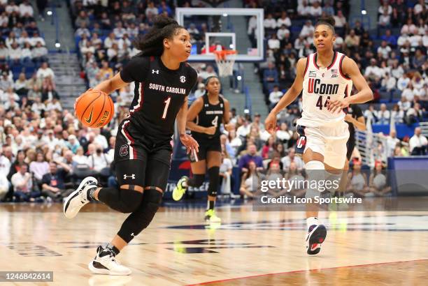 South Carolina Gamecocks guard Zia Cooke and UConn Huskies forward Aubrey Griffin in action during the women's college basketball game between South...