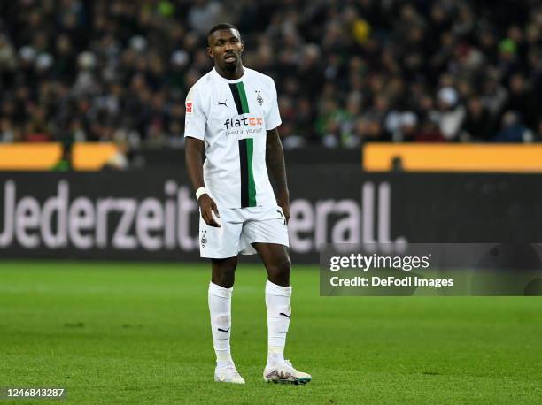 Marcus Thuram of Borussia Moenchengladbach looks on during the Bundesliga match between Borussia Mönchengladbach and FC Schalke 04 at Borussia-Park...