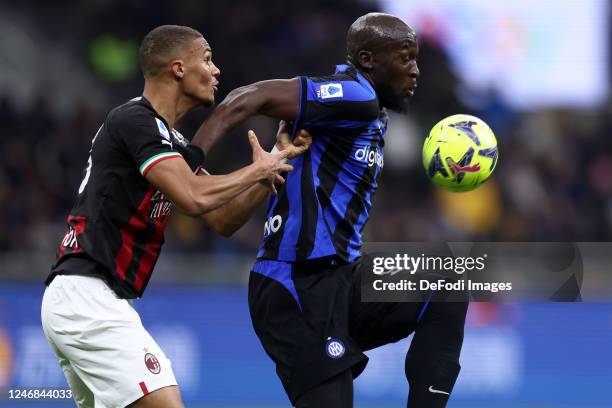 Malick Thiaw of Ac Milan and Romelu Lukaku of FC Internazionale battle for the ball during the Serie A match between FC Internazionale and AC MIlan...