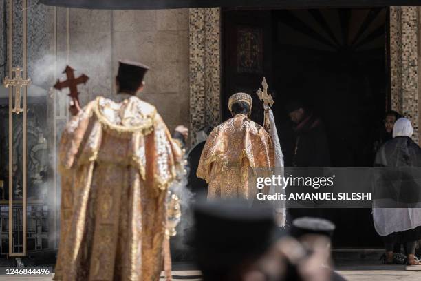 High priests pray at Saint Mary Church in Addis Ababa, Ethiopia, during a day of mourning on February 06, 2023. - The Ethiopian Orthodox Tewahedo...