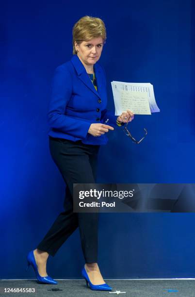 First Minister of Scotland Nicola Sturgeon prepares to answer questions on Scottish Government issues, during a press conference at St Andrews House...