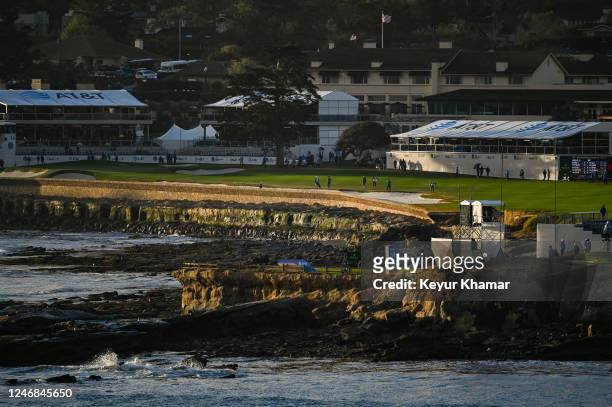 Scenic view of the 18th hole during the final round of the AT&T Pebble Beach Pro-Am at Pebble Beach Golf Links on February 5, 2023 in Pebble Beach,...