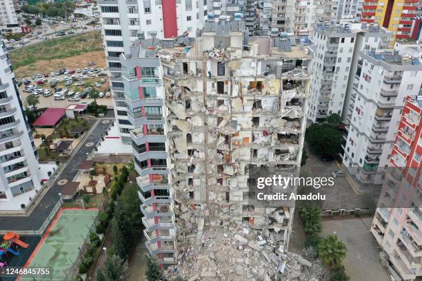 An aerial view of a damaged building after in Adana, Turkiye after 7.7 and 7.6 magnitude earthquakes hits Turkiye's Kahramanmaras, on February 06,...