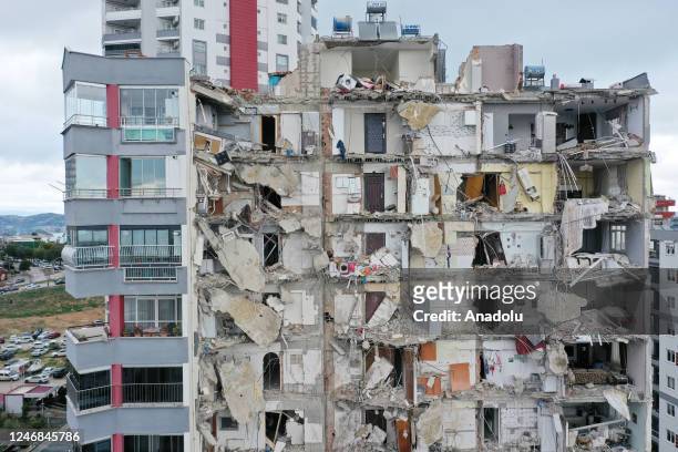 An aerial view of a damaged building after in Adana, Turkiye after 7.7 and 7.6 magnitude earthquakes hits Turkiye's Kahramanmaras, on February 06,...