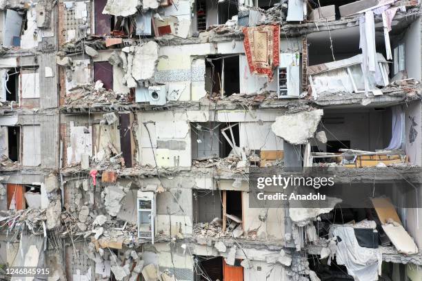 An aerial view of a damaged building after in Adana, Turkiye after 7.7 and 7.6 magnitude earthquakes hits Turkiye's Kahramanmaras, on February 06,...