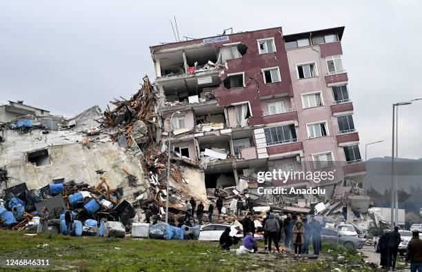 View of a collapsed building in Hatay, Turkiye after 7.7 and 7.6 magnitude earthquakes hits Turkiye's Hatay, on February 06, 2023. Disaster and...