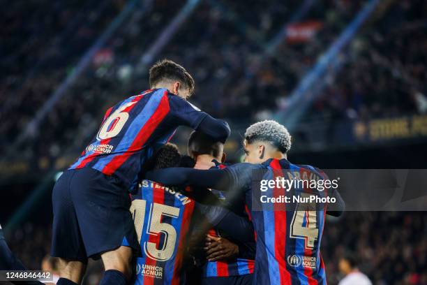 Gavi of FC Barcelona celebrates a goal with 15 Andreas Christensen of FC Barcelona and 04 Ronald Araujo of FC Barcelona during the La Liga match...