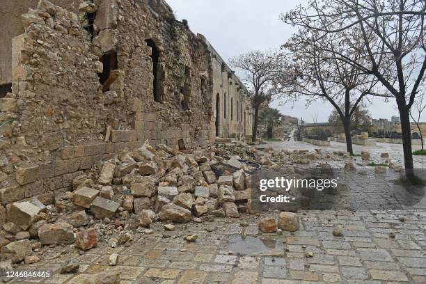 Aleppo's ancient citadel is damaged following a deadly earthquake that shook Syria on February 6, 2023. At least 810 people were killed in Syria as...