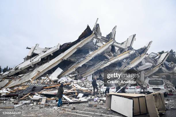 View of a collapsed building in Hatay, Turkiye after 7.7 and 7.6 magnitude earthquakes hits Turkiye's Hatay, on February 06, 2023. Disaster and...