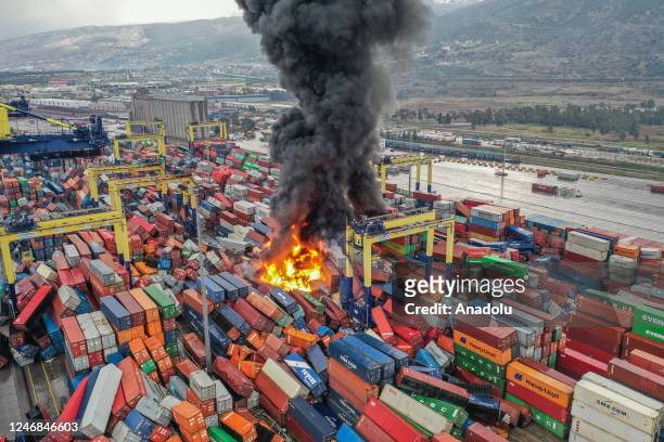 An aerial view of the fire in overturned containers during the earthquakes in Hatay, Turkiye after 7.7 and 7.6 magnitude earthquakes hits Turkiye's...