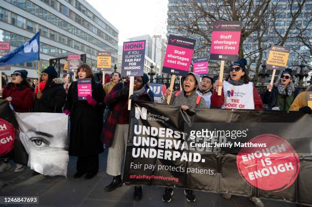 Nurses on a picket line as they strike for fair pay and working conditions on 6th February 2023 in London, United Kingdom. On the picket line at St...