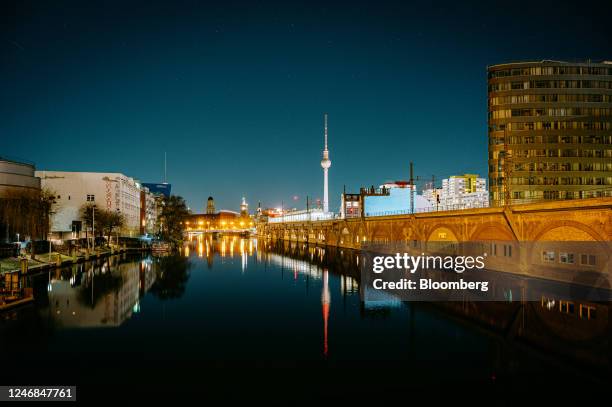 The Berlin TV tower beyond the River Spree in Berlin, Germany, on Saturday, Feb. 4, 2023. Traders will be looking to key data on the German economy...