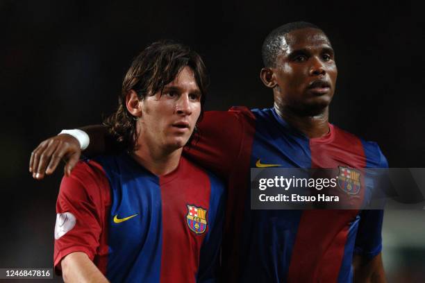 Samuel Eto'o and Lionel Messi of Barcelona are seen during the UEFA Super Cup match between Barcelona and Sevilla at the Stade Louis II on August 25,...