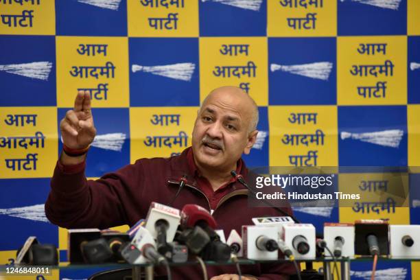 Delhi Deputy Chief Minister Manish Sisodia addressing a press conference at Aam Aadmi Party office after MCD mayor election called off for the third...