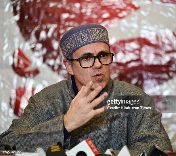 Former Chief Minister of Jammu and Kashmir and National Conference vice-president Omar Abdullah speaks during a press conference on February 6, 2023...