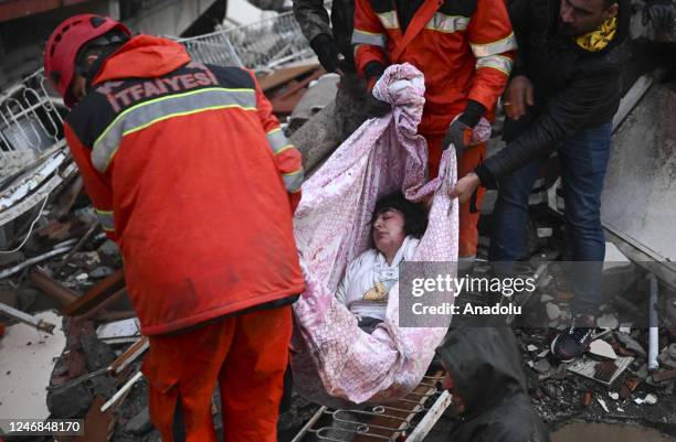 Husband and wife rescued by the personnel from under rubble of a collapsed building in Hatay, Turkiye after 7.7 and 7.6 magnitude earthquakes hit...